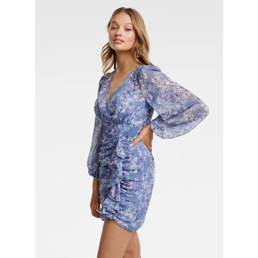 Ever New Melbourne Mini‎ Dress Women's 6 Blue Tassa Floral Ruched Balloon Sleeve
